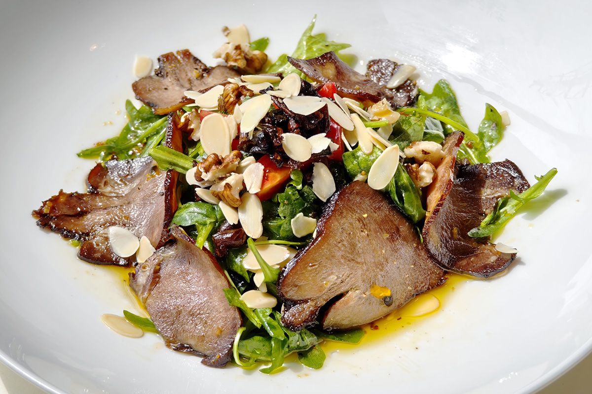 Beef tongue mushroom arugula salad