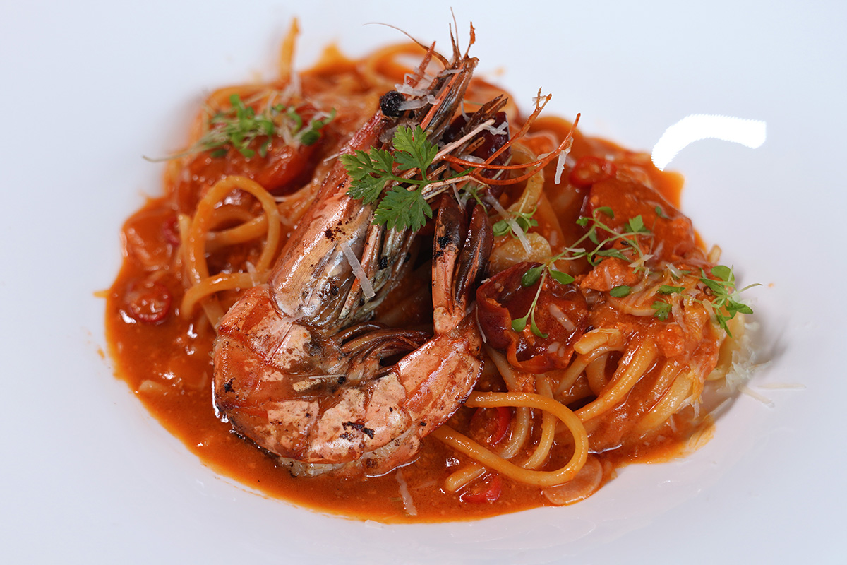 Linguini Pasta with Sea Urchin and Tiger Prawns